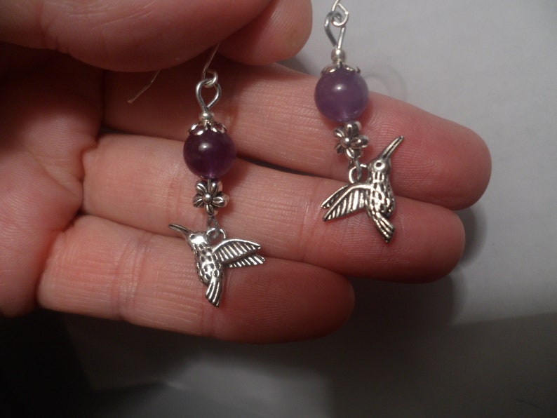 VINTAGE UNWORN HUMMINGBIRD Amethyst Short Tiny Little Small Bead Dangle Drop Sterling Silver Ewires Flower Floral Earrings Purple Gem Fun