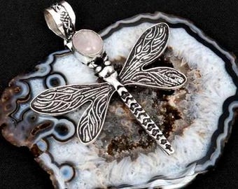 Southwest HUGE LARGE UNIQUE Vintage Agate Rose Quartz Dragonfly Pendant Silver 2.88" Ooak Big Stone Unusual Brown Pink Handmade Giant Whimsy
