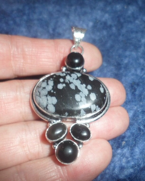 Large Sterling Silver Black Onyx Flower Pendant by Poco Loco with Silver Chain