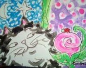 5"x7" TUXEDO BLACK WHITE Cat Pink Rose Ladybug Original Painting Bug Kitty Whimsy Star Moon Flower Ooak Small Miniature Art Watercolor