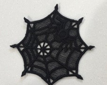 Gothic Lace Spider Web, Black Spider, Embroidered Lace Ornament, Witchy and Spooky