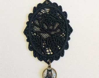 Gothic Black Lace Rose Pendant, Christmas, Halloween, Embroidered, Witchy