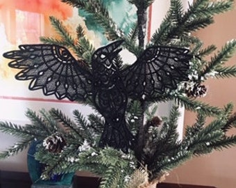 Gothic Black Lace Raven, Black Crow Ornament, Embroidered, Articulating Wings and Tail, Christmas or Halloween, Witchy