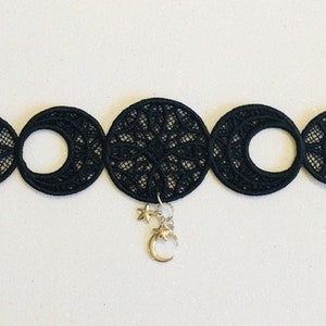Gold Moon Phase Black Lace Choker - Lunar Cycle Necklace