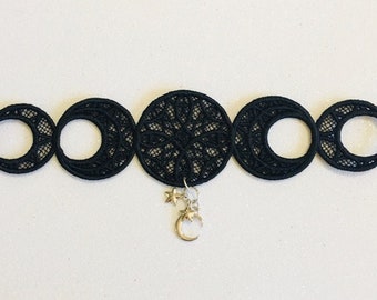 Black Lace Necklace, Moon Phases, Embroidered Jewelry, Witchcraft