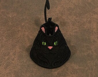 Black Lace Cat Ornament, Embroidered, 3D Cat, Christmas, Halloween