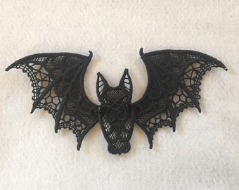 Gothic Black Lace Bat, Embroidered Ornament, Articulating Wings, Witchy, Christmas, Halloween, Spooky