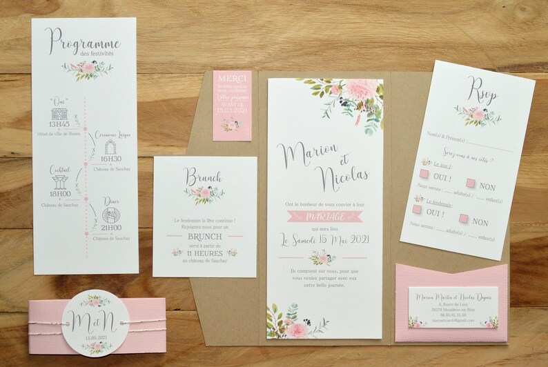 Faire-part mariage champêtre bohème romantique kraft et rose - Etsy France