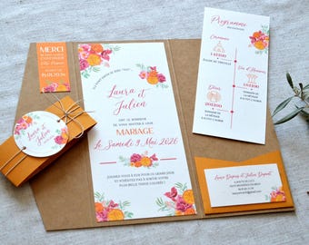 Faire-part mariage pochette en kraft champêtre romantique et coloré orange et fuchsia
