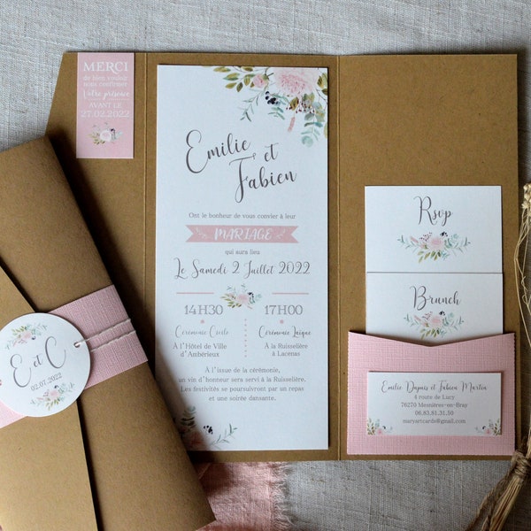 Faire-part mariage champêtre bohème romantique kraft et rose poudré