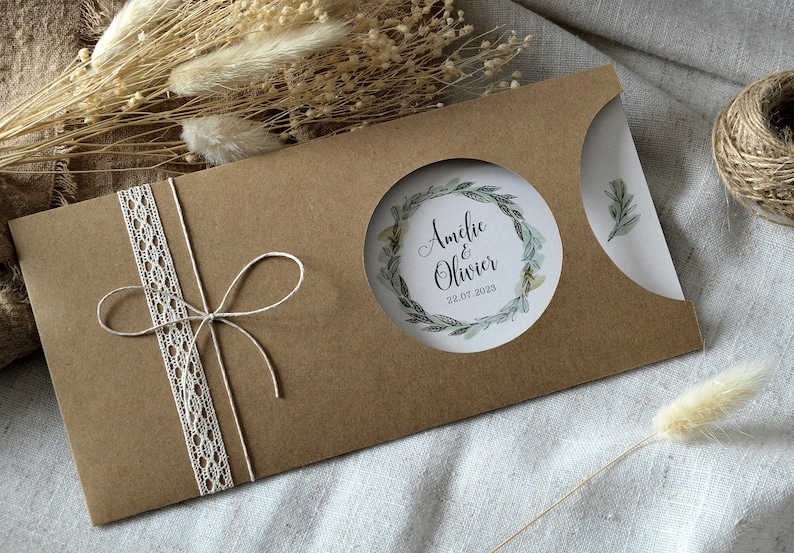 Faire part mariage pochette kraft champêtre vert sauge - Etsy France