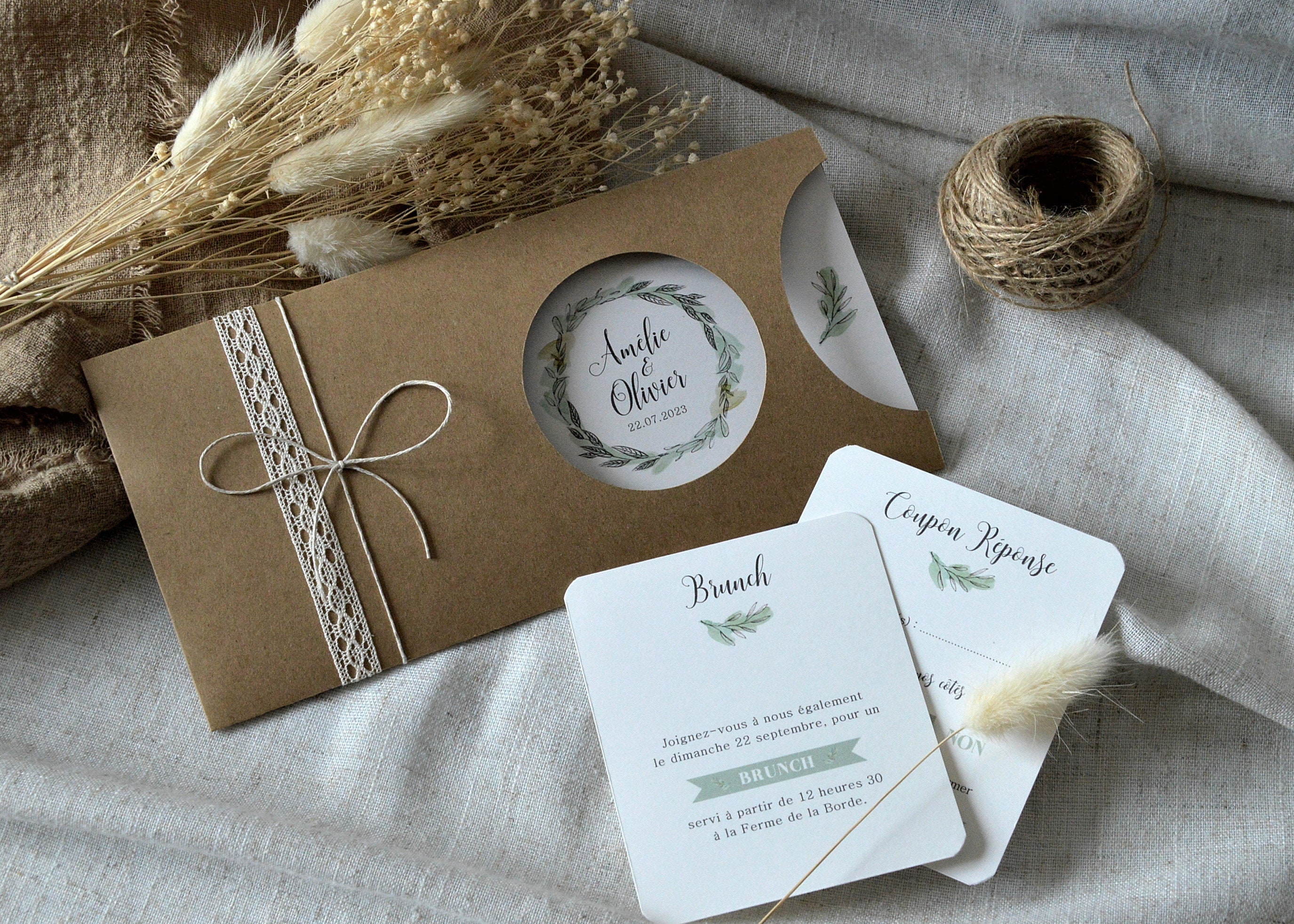 Faire part mariage pochette kraft champêtre vert sauge - Etsy France