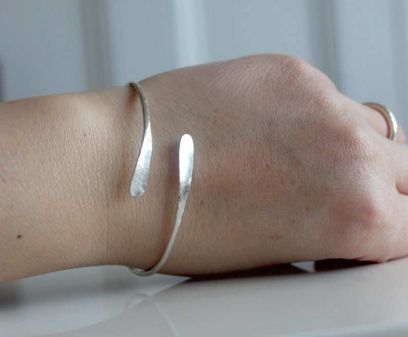 Silver Bangle, Adjustable Hammered Sterling Silver Bangle, Open Crossover Bangle, Solid Silver Bangle, Silver jewellery uk image 5