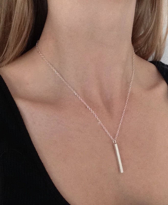 sterling Silver Bar Necklace, Simple Long Minimalist Pendant Brushed Silver, Eco