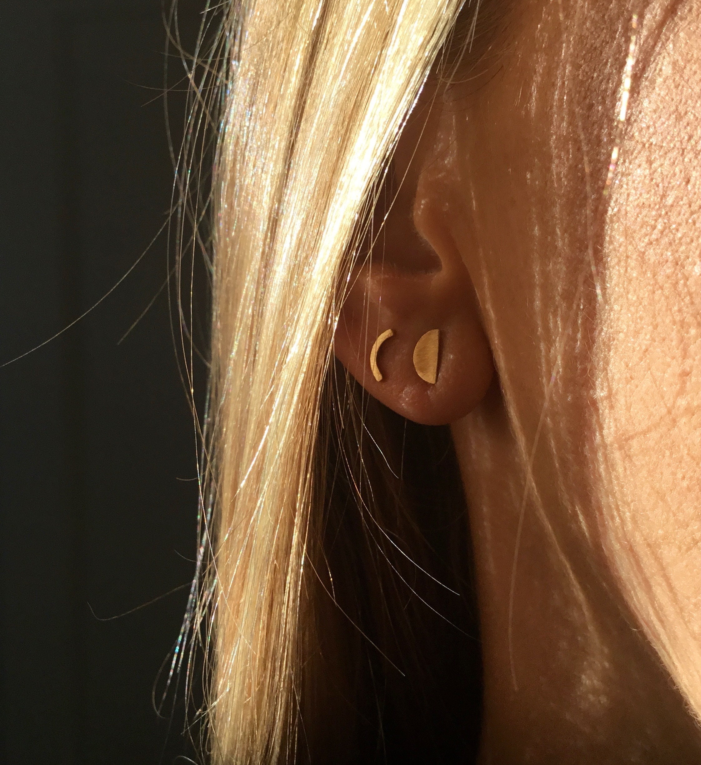 Solid Gold Stud Earrings, Small Mismatched Moon Minimalist Earrings UK