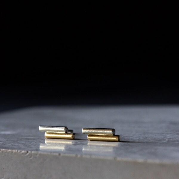 Gold and Silver Bar Stud Earrings, Bar Stud Earrings, Solid Gold and silver Stud Earrings, Small Gold Earrings, Mixed metal Earrings