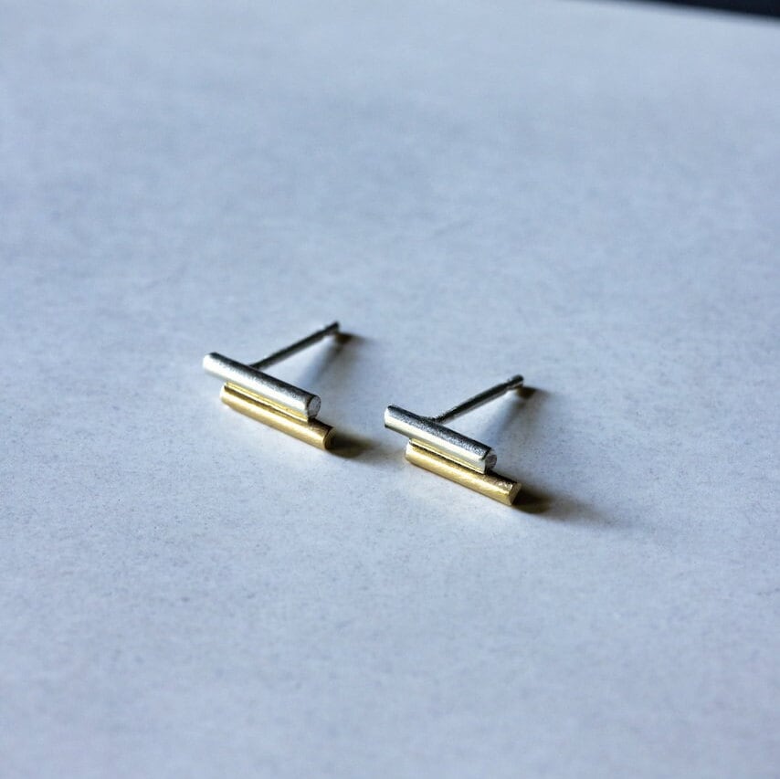 Gold & Silver Bar Stud Earrings, Solid Silver Small Mixed Metal Earrings