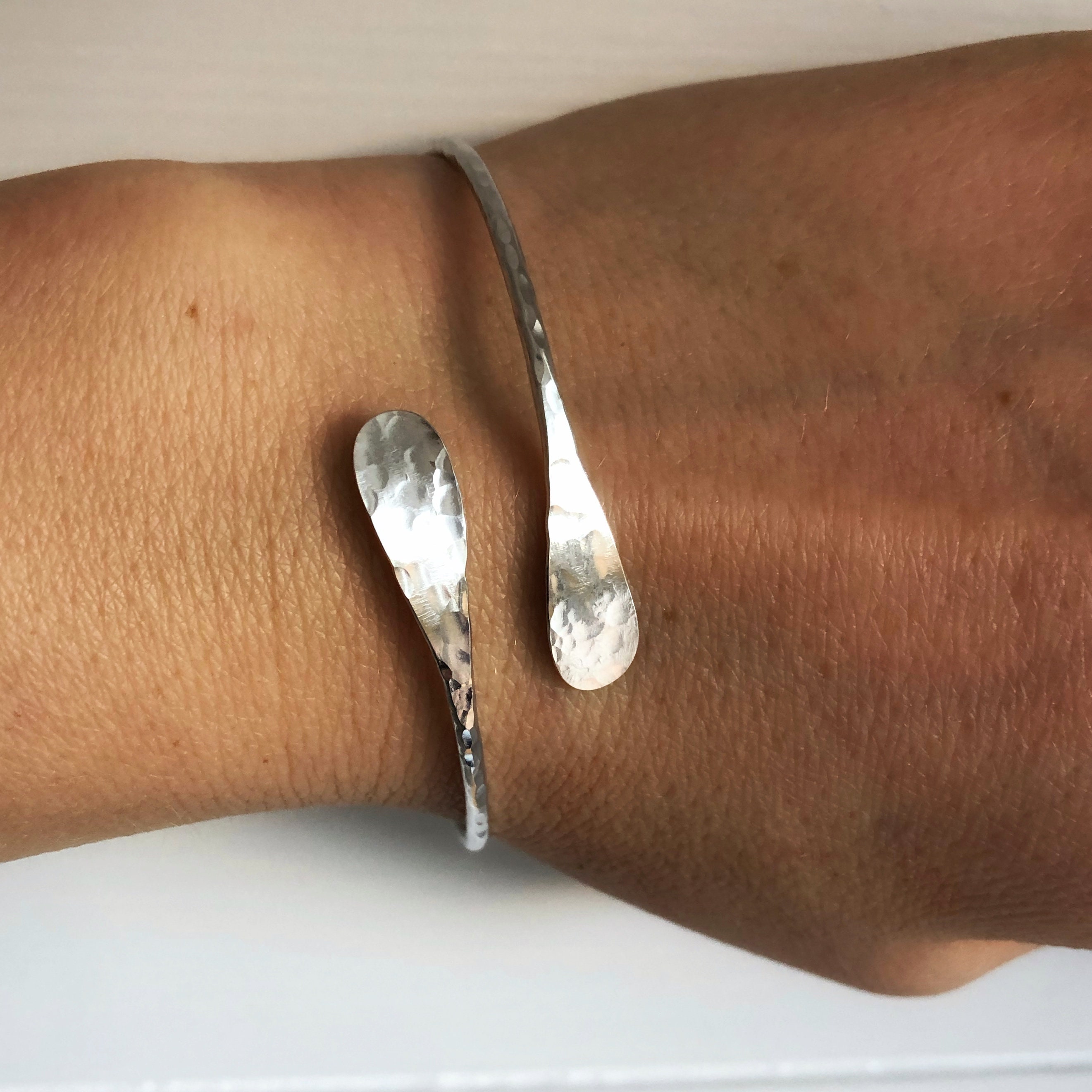 Silver Bangle, Adjustable Hammered Sterling Open Crossover Solid Jewellery UK