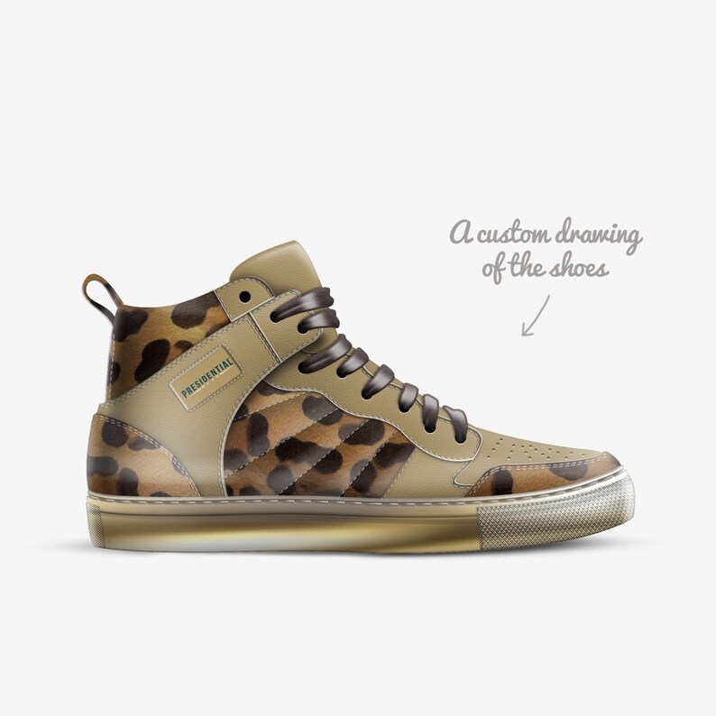 May include: A high-top sneaker with a leopard print design and a brown leather upper. The shoe has a white sole and a black lace. The word "PRESIDENTIAL" is printed on the side of the shoe.