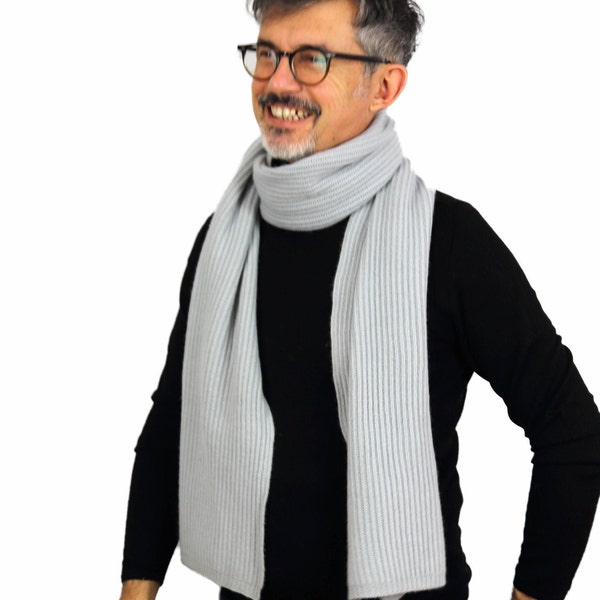 Silver cashmere scarf for men. Chunky & thick for fashionable yet practical protection against cold and wind. Business outfit. Gift for him