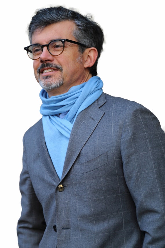 Men's Sky Blue Cashmere Scarf, Lightweight Neck Warmer. Light cashmere wool scarf, designed in Italy, perfect for stylish business outfit