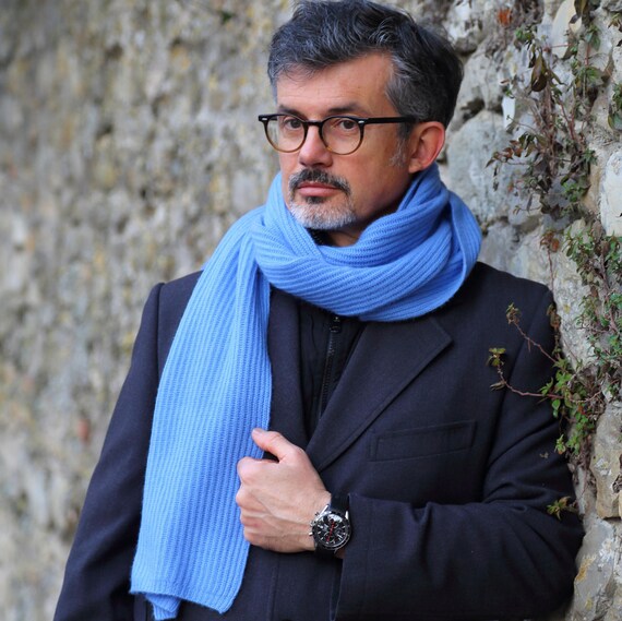 Chunky Sky Blue Ribbed Cashmere Scarf For Men Provides Winter Etsy