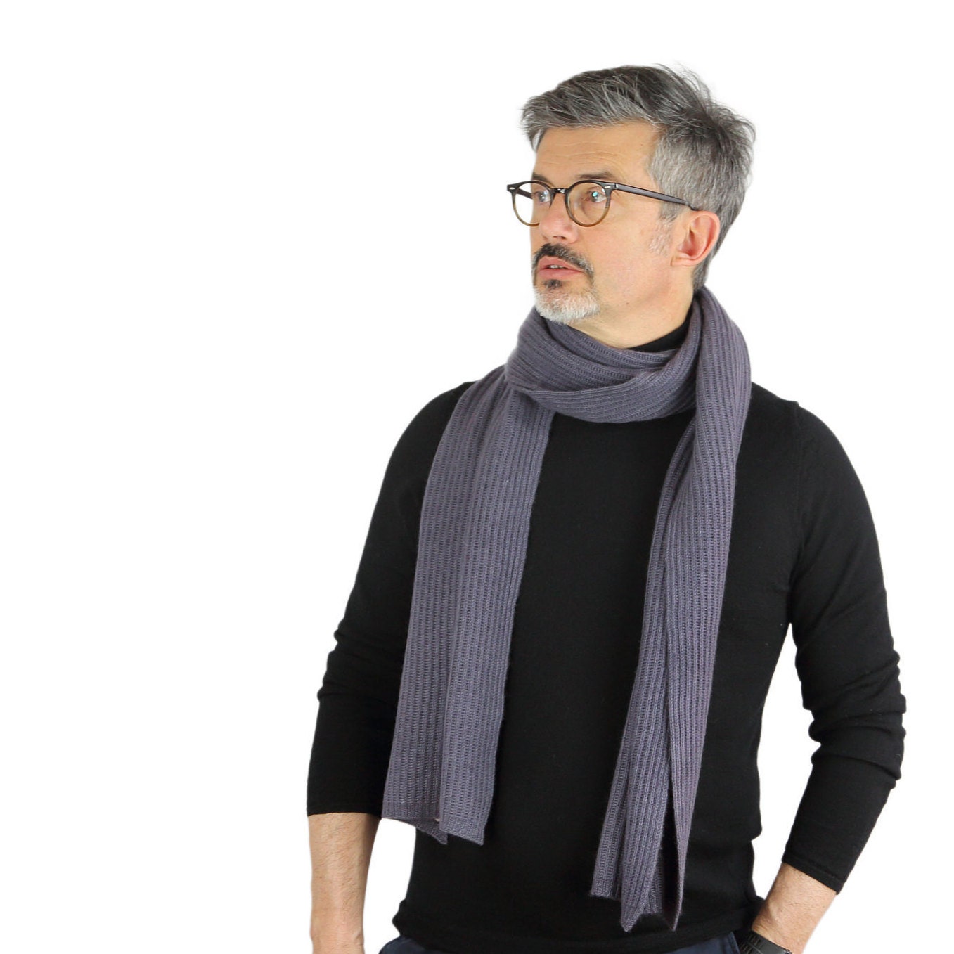 Gray Ribbed Cashmere Scarf for Men 