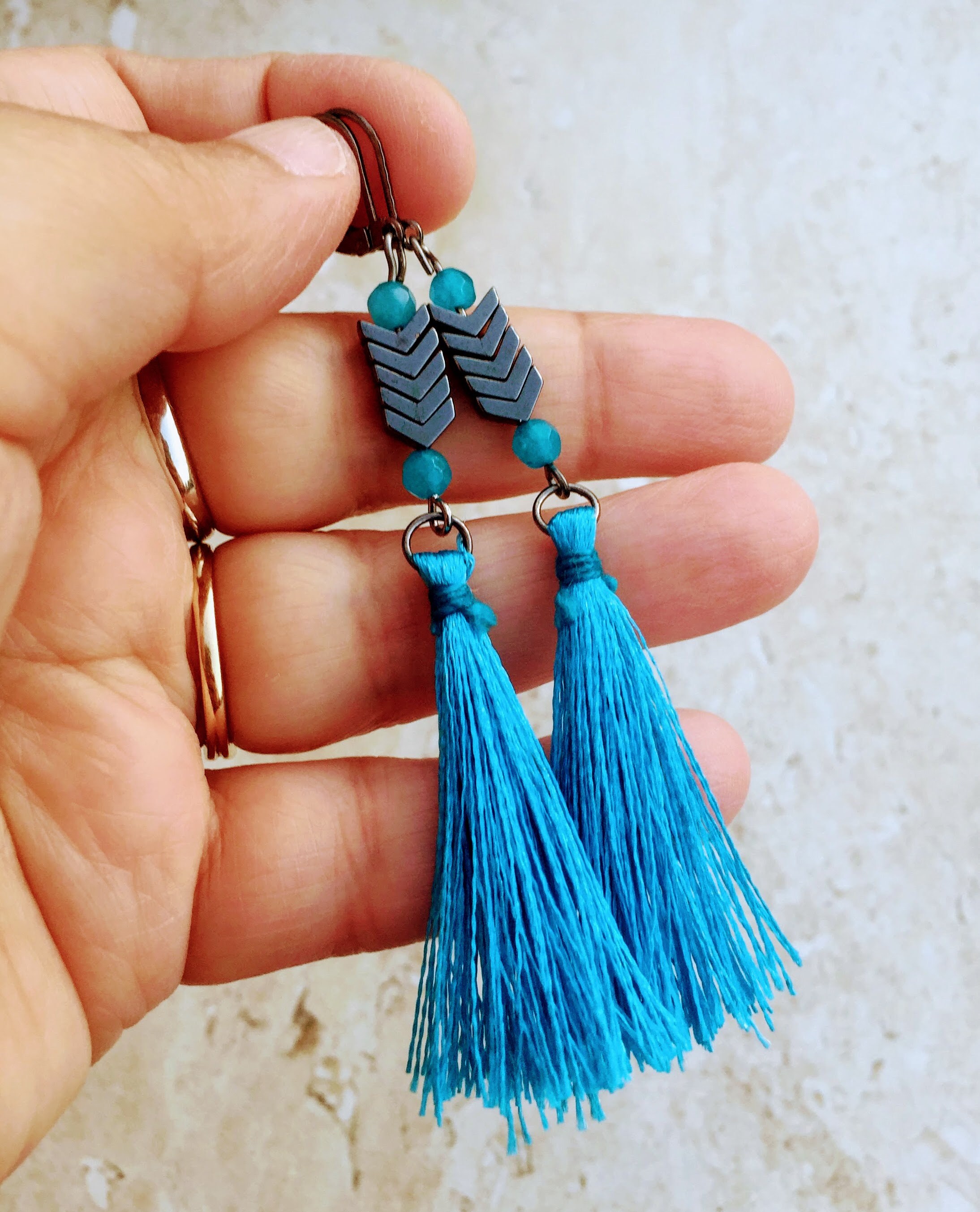 Turquoise Blue Long Silk Tassel Earrings Hematite Earrings | Etsy