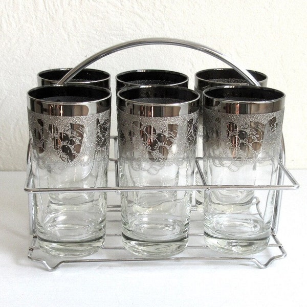 Vitreon Lusterware Set of 6 Silver Fade Ombre Textured Grape Dorothy Thorpe Style Glasses w/ Metal Caddy