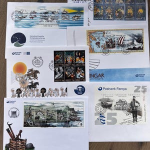 Collezione di francobolli di busta primo giorno delle Isole Faroe / Temi vichinghi, mitologia, vita marina e storia / Lotto FDC Postverk Føroya - Scrapbooking, Art pro