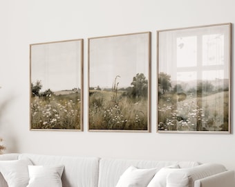 Vintage Neutral Landscape 3 Pieces Wall Art, Wildflower Field Set of 3 Split Prints, Country Painting, Rustic Farmhouse of AI