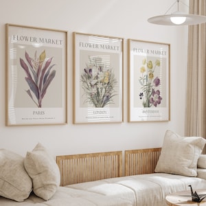 Mercado de flores, juego de 3, impresión de arte botánico, arte imprimible, mercado de flores de Londres, póster de flores, decoración de pared de galería, flores de París