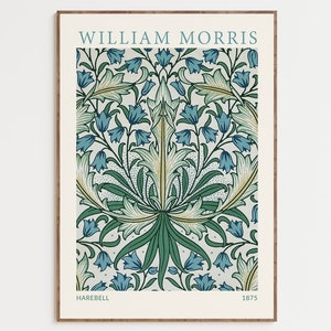 May include: A vintage poster featuring a floral pattern with blue bell flowers, green leaves, and a white background. The poster is titled "William Morris" and includes the text "Harebell" and "1875".