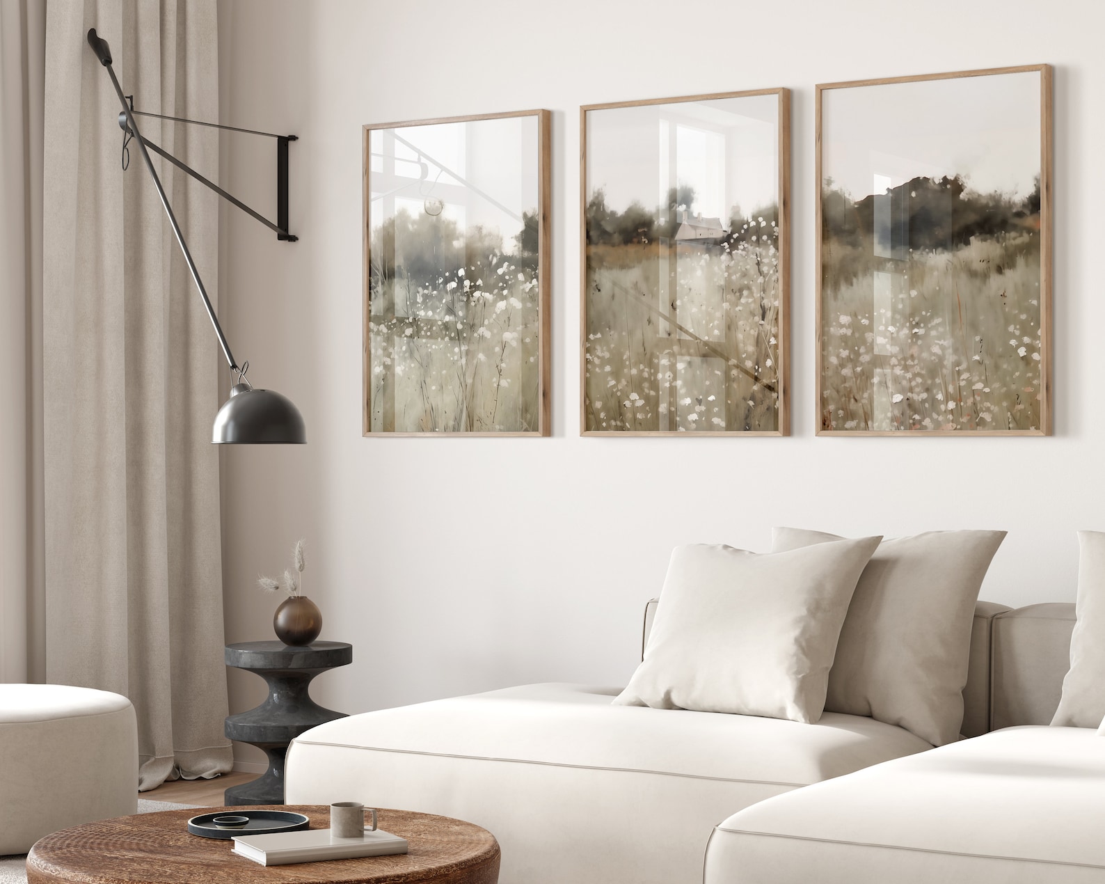 Neutral Wildflower Field Landscape Print Set: Rustic Farmhouse Wall Art ...