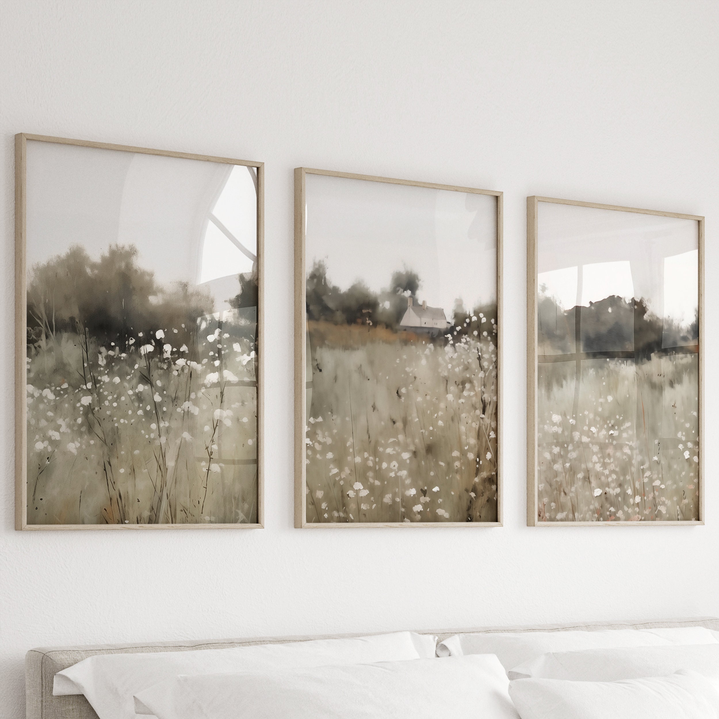 Vintage Neutral Landscape 3 Pieces Wall Art, Wildflower Field Set of 3 Split Prints, Country Painting, Rustic Farmhouse Decor ,