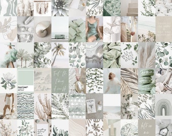 Mint Beige Boho Photo Wall Collage Kit, Green Aesthetic Collage Kit, Printable Teen Collage Kit, Collage - 60Pcs  INSTANT DOWNLOAD DIY