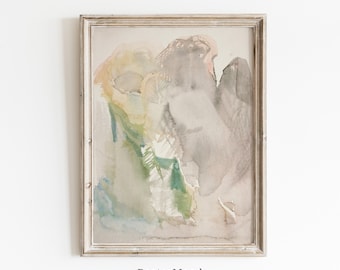May include: Abstract watercolor painting in shades of gray, green, and yellow, framed in a light wood frame. The painting features a large, abstract shape in the center, with smaller shapes and lines surrounding it. The painting is titled "PosterMood vintage art".