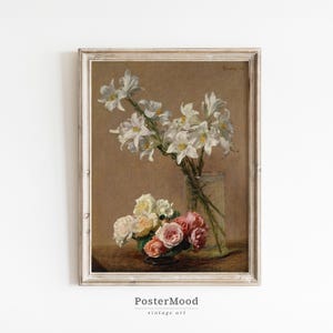 Cottage Core Decor, Botanical Wall Art, Still Life Printable Antique Painting, Vintage Floral Bouquet Oil Painting Downloadable Print