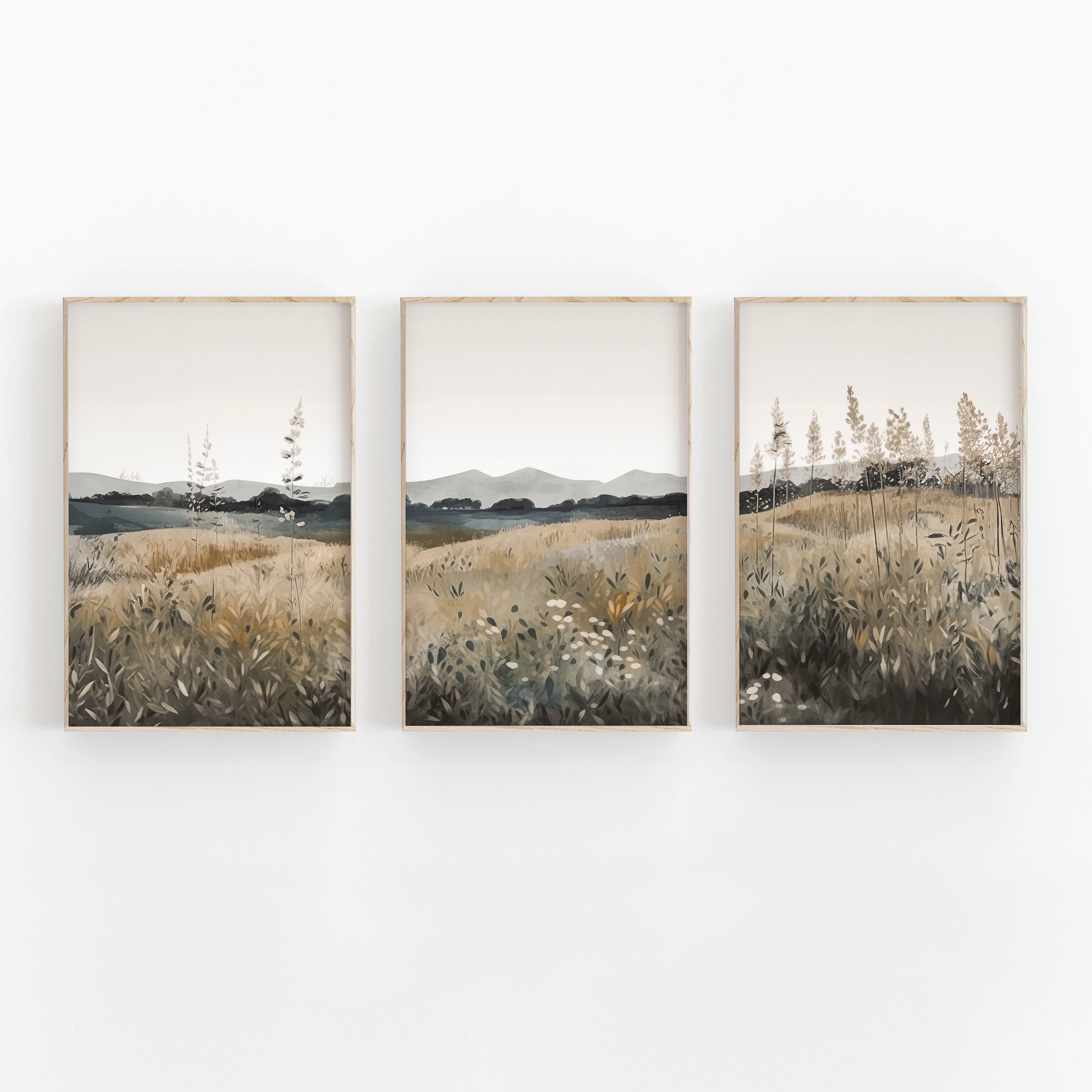 Neutral Landscape Wall Art: Wildflower Field Prints, Set of 3 (digital ...