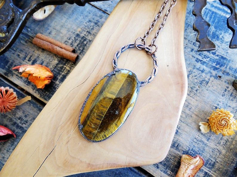 Wiccan Stone Pendant Tigers Eye Pendant Electroformed Jewelry Large Crystal Necklace Statement Witch Jewelry Bohemian Gemstone Necklace