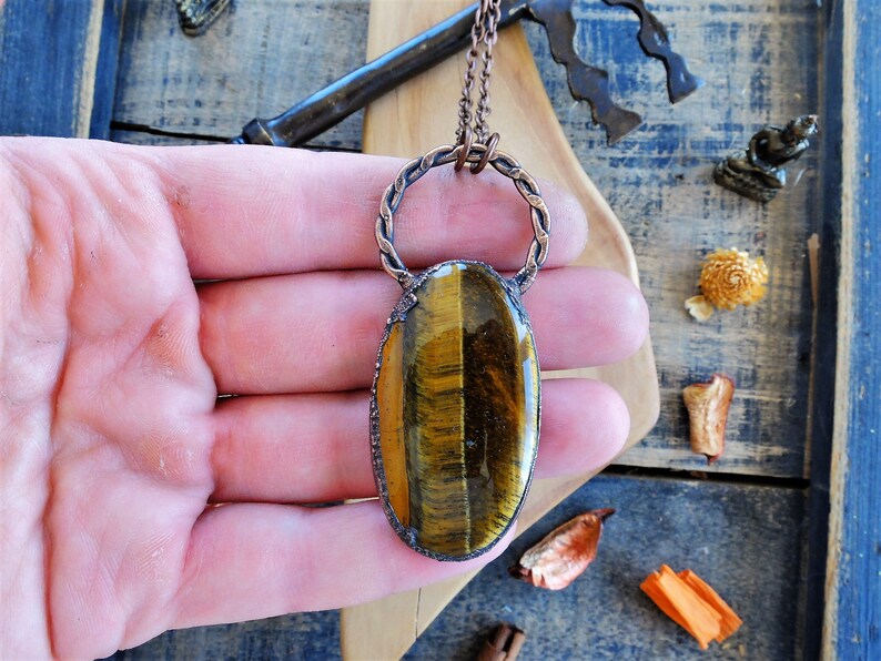 Wiccan Stone Pendant Tigers Eye Pendant Electroformed Jewelry Large Crystal Necklace Statement Witch Jewelry Bohemian Gemstone Necklace