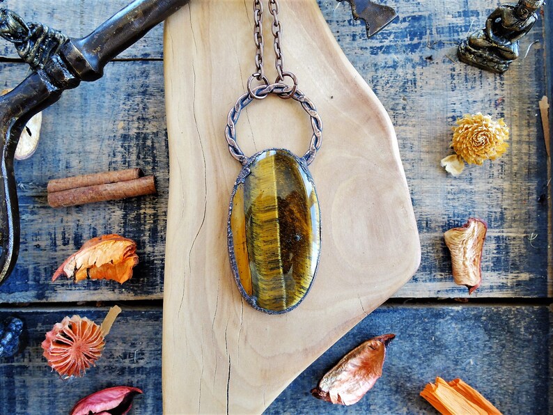 Wiccan Stone Pendant Tigers Eye Pendant Electroformed Jewelry Large Crystal Necklace Statement Witch Jewelry Bohemian Gemstone Necklace
