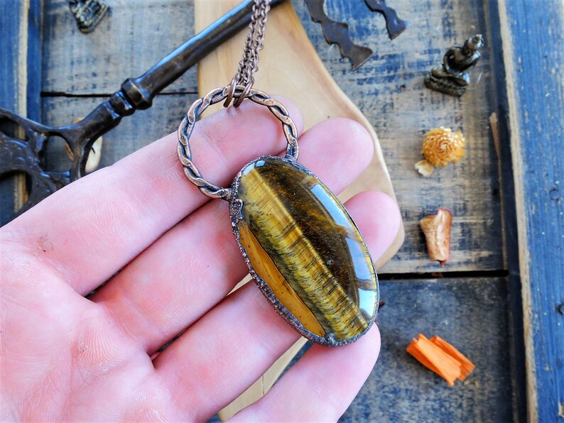 Wiccan Stone Pendant Tigers Eye Pendant Electroformed Jewelry Large Crystal Necklace Statement Witch Jewelry Bohemian Gemstone Necklace
