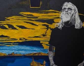 Op de afbeelding: Een schilderij dat een man op een kruis toont met een donkere achtergrond. Onder het kruis kijkt een man met een witte baard en lang wit haar omhoog naar het kruis. De achtergrond is een geel en blauw landschap.