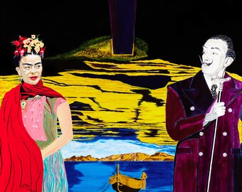 Op de afbeelding: Een schilderij dat een scène voorstelt met een figuur op een kruis, een vrouw in een rode sjaal en een man in een paarse jas. De achtergrond toont een geel landschap en een blauwe watermassa.