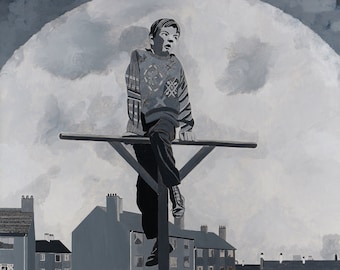May include: A grayscale painting depicts a child perched atop a utility pole, gazing upward. The child wears a patterned sweater and dark pants. The background features a cloudy sky and a row of buildings, with a splash of colorful detail at the bottom right.