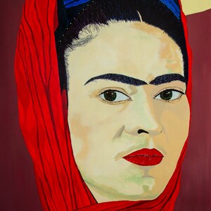 May include: A painting of a woman with dark hair and a red scarf. Her eyebrows are dark and her eyes are green. She is wearing red lipstick and has a serious expression.