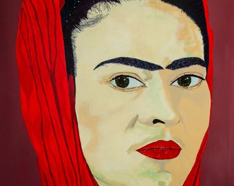 May include: A painting of a woman with dark hair and a red scarf. Her eyebrows are dark and her eyes are green. She is wearing red lipstick and has a serious expression.