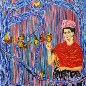 Blue Trees and Butterflies Un retrato de la impresión de lienzo pintado a mano de mi heroína mexicana hecho a pedido en cuatro tamaños