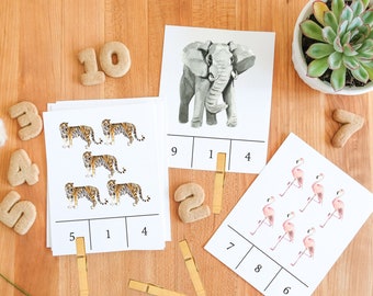 Zoo Animal Clip Flash Card, Montessori Counting Printable, Educational Number Game, Kindergarten Animal Math Cards, Number Learning Game